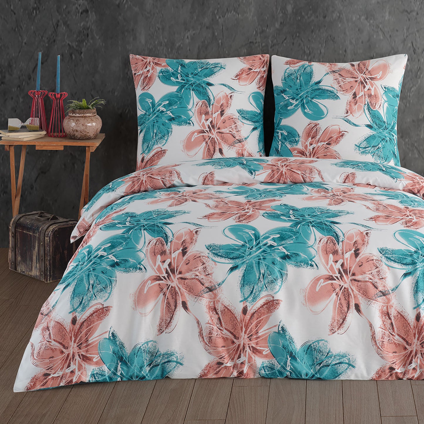 Parure de lit renforcée "Trendy", fleurs, 100% coton, fermeture éclair, taie d'oreiller 80x80 cm