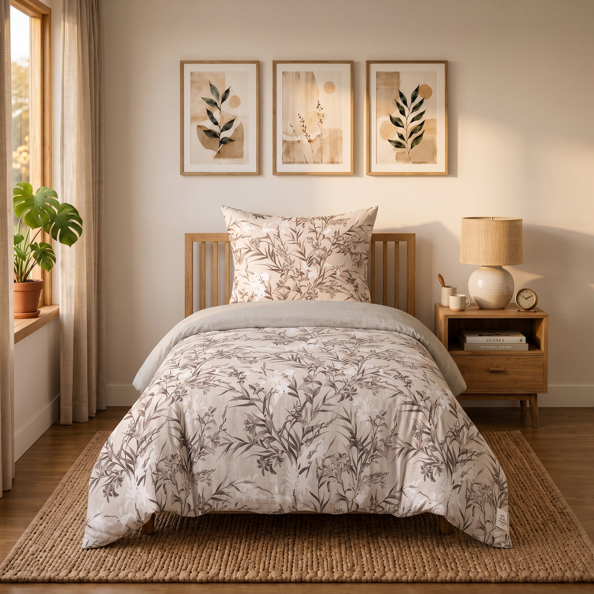 Polycotton Bettwäsche „Yaprak“ in Weiß: Bettwäsche mit braunen Blättern auf Weiß auf dem Bett, ein Kissen – Weiß – Bild 10