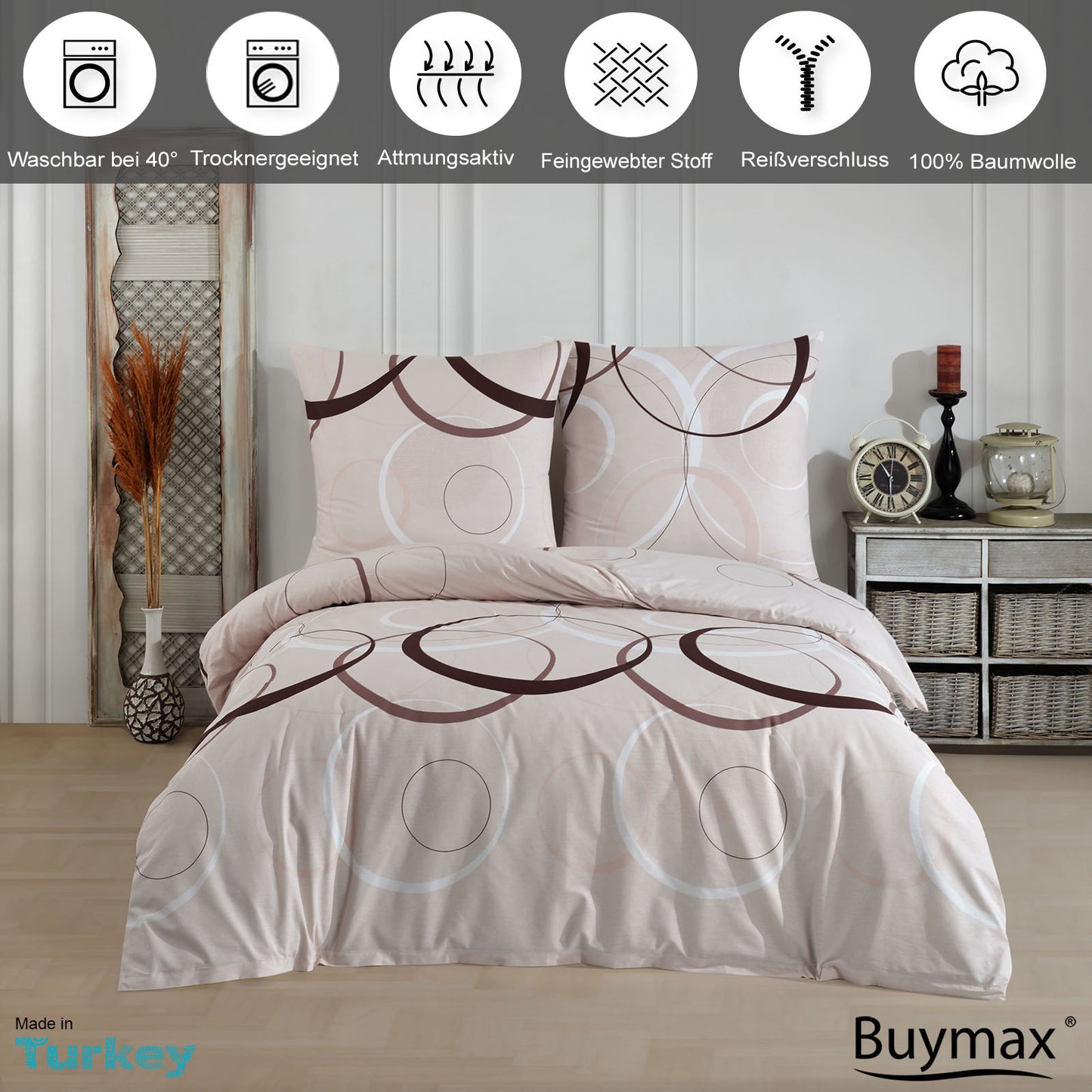 Buymax Bettwäsche Set, 100% Baumwolle, Beige, 155x220 cm