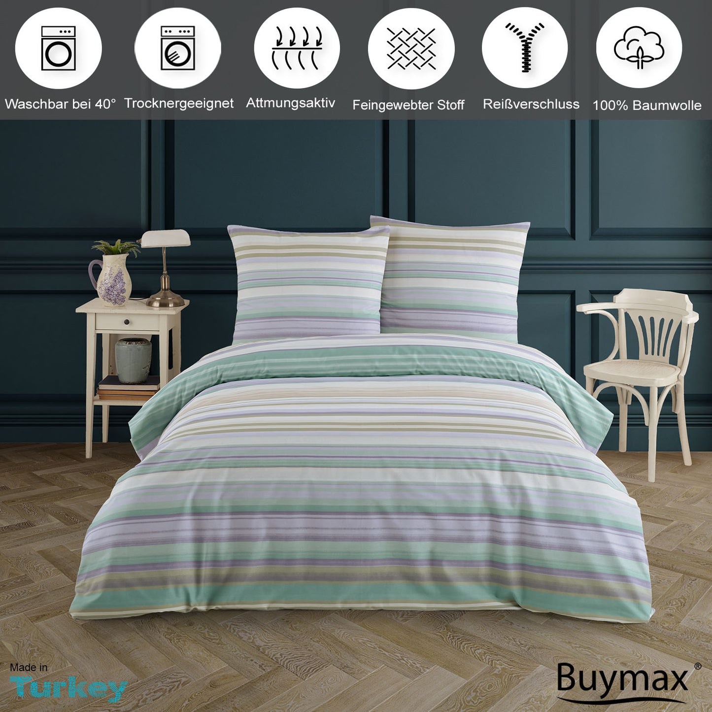 Buymax Bettwäsche-Set mit zarten Pastellstreifen auf einem stilvoll eingerichteten Bett. Oben Symbole mit Hinweisen auf Pflege und Qualität: waschbar bei 40 °C, trocknergeeignet, atmungsaktiv, feingewebter Stoff, Reißverschluss, 100 % Baumwolle.