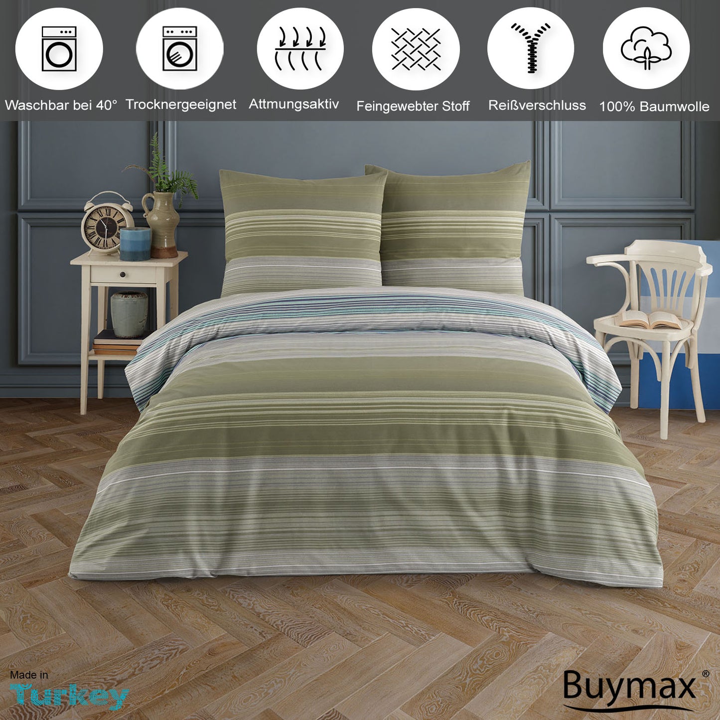Buymax Bettwäsche-Set mit horizontalem Streifenmuster in Grüntönen, abgebildet auf einem Bett in stilvollem Raum. Darüber Piktogramme mit Hinweisen: waschbar bei 40 °C, trocknergeeignet, atmungsaktiv, feingewebter Stoff, Reißverschluss, 100 % Baumwolle.