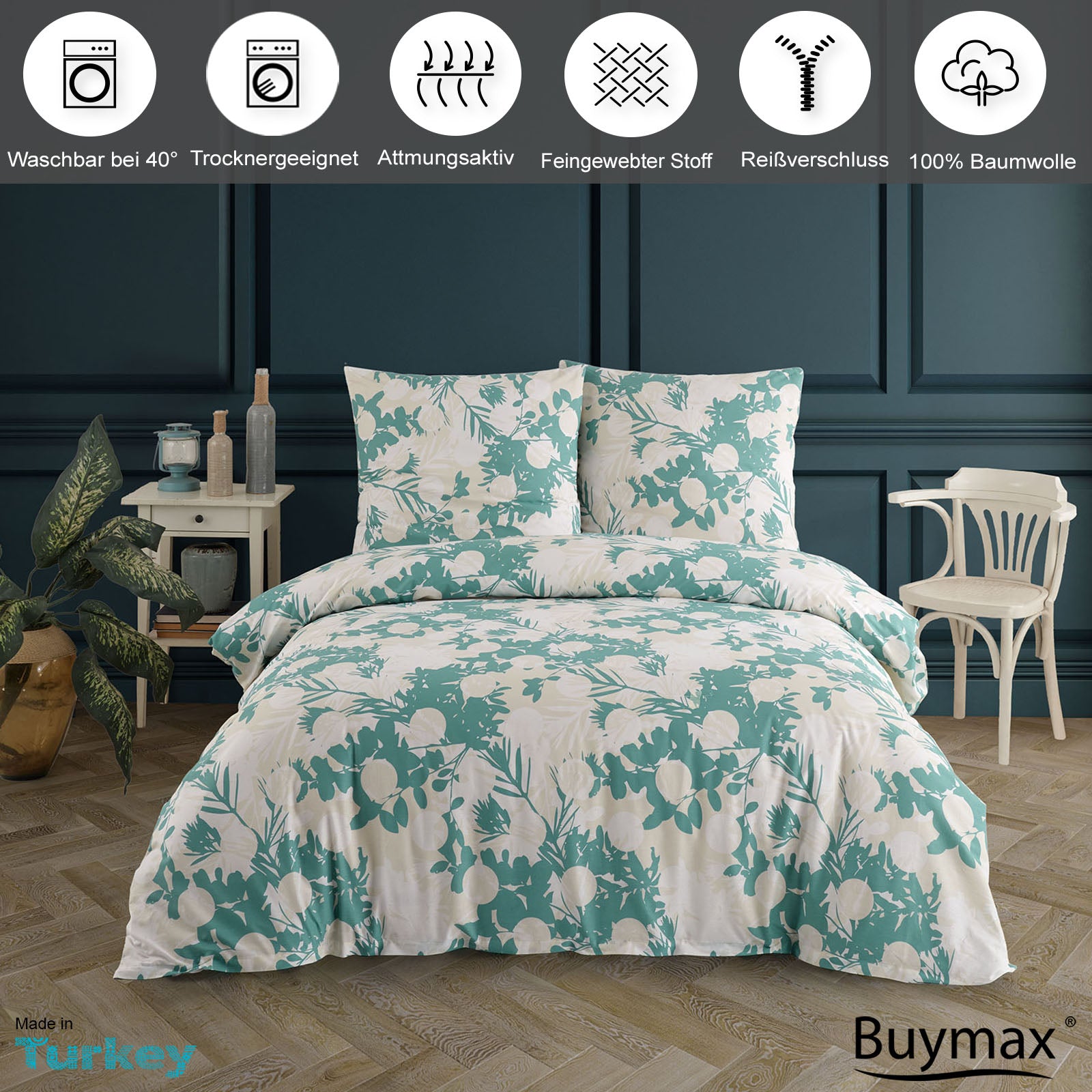Buymax Bettwäsche-Set mit weiß-grünem Naturmotiv auf einem Doppelbett, dargestellt in elegantem Schlafzimmerinterieur. Darüber Symbole für Pflegehinweise und Eigenschaften: waschbar bei 40 °C, trocknergeeignet, atmungsaktiv, feingewebter Stoff, Reißverschluss, 100 % Baumwolle.