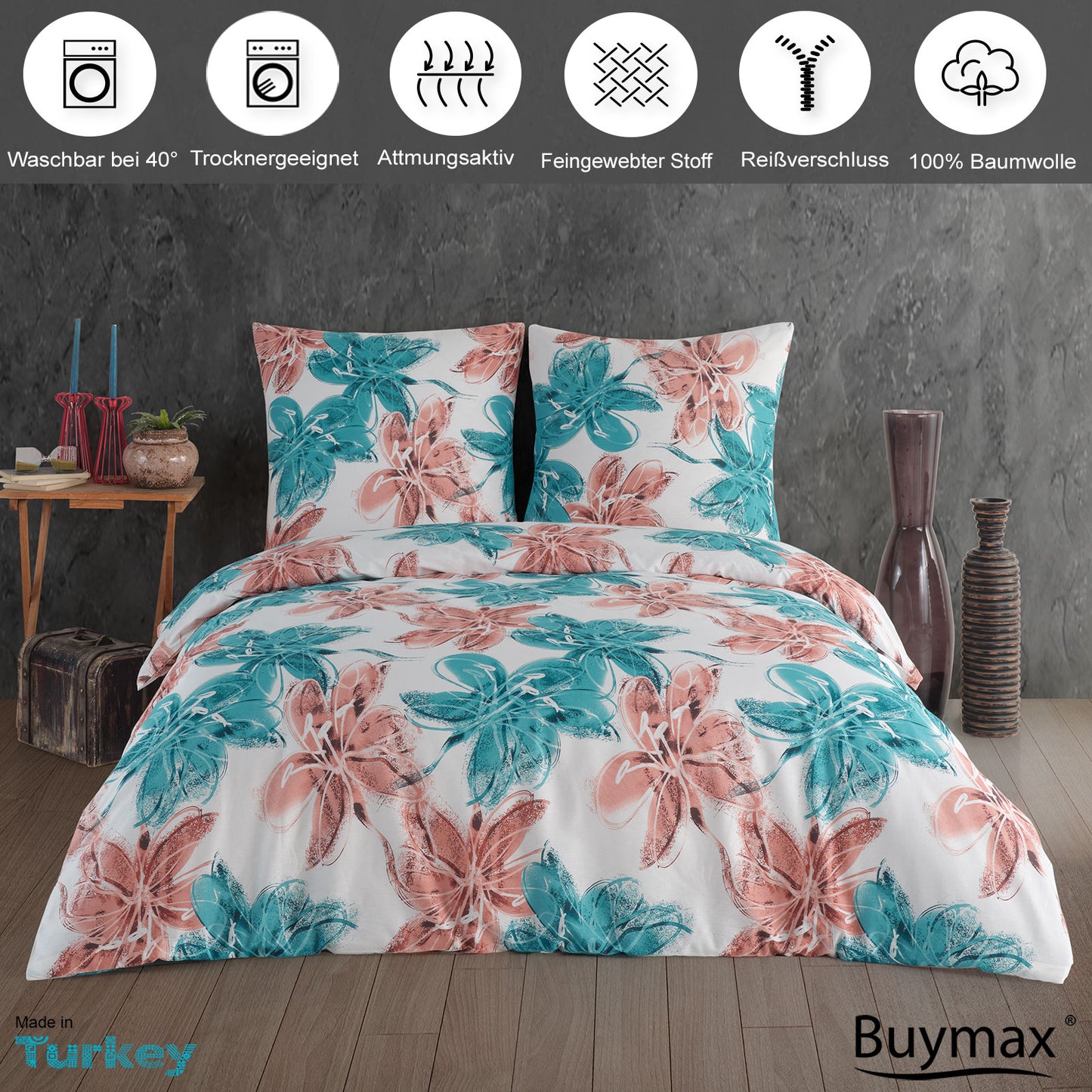 Parure de lit renforcée "Trendy", fleurs, 100% coton, fermeture éclair, taie d'oreiller 80x80 cm