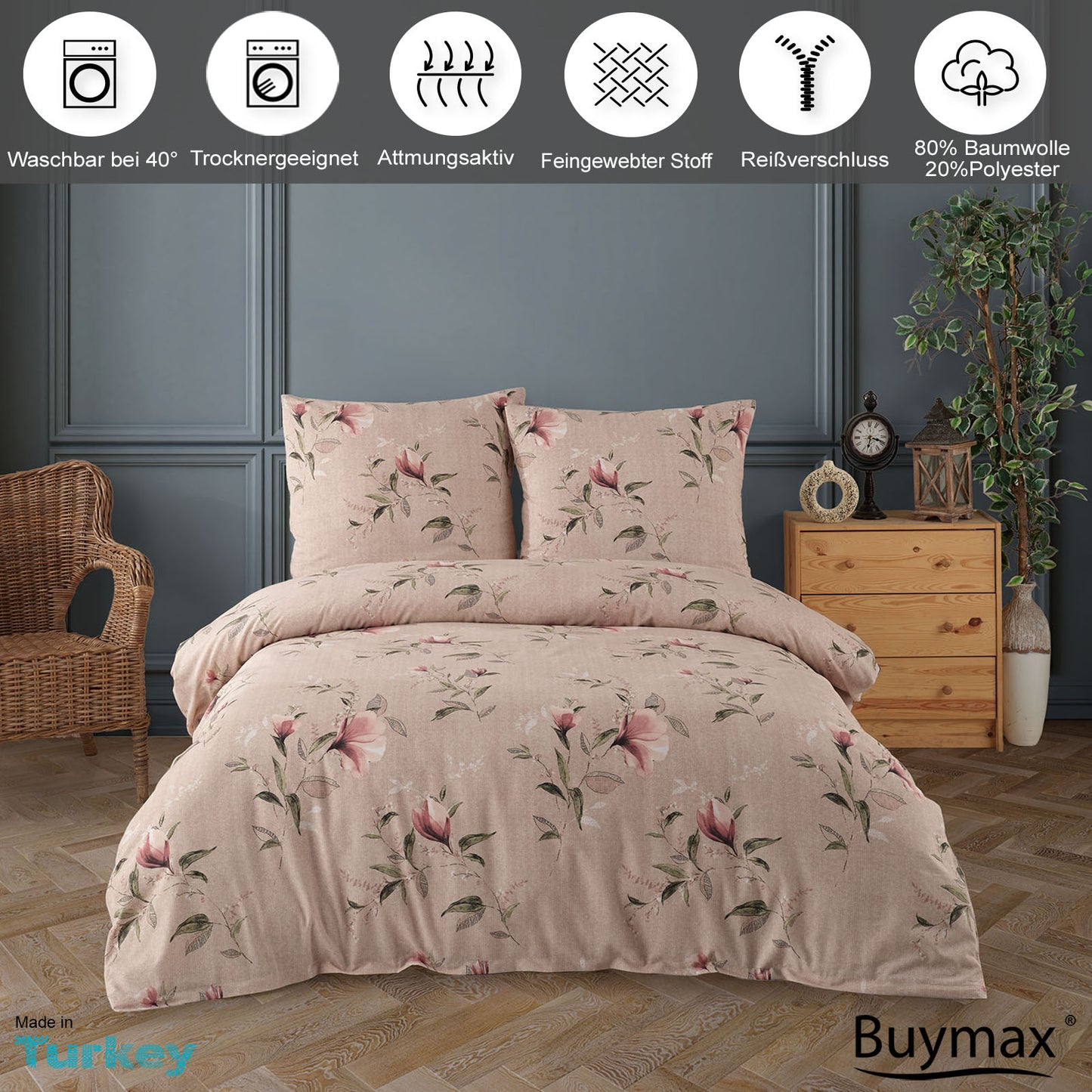 Bettwäsche Set "Mina", Baumwolle, Blumen, 200x200 cm