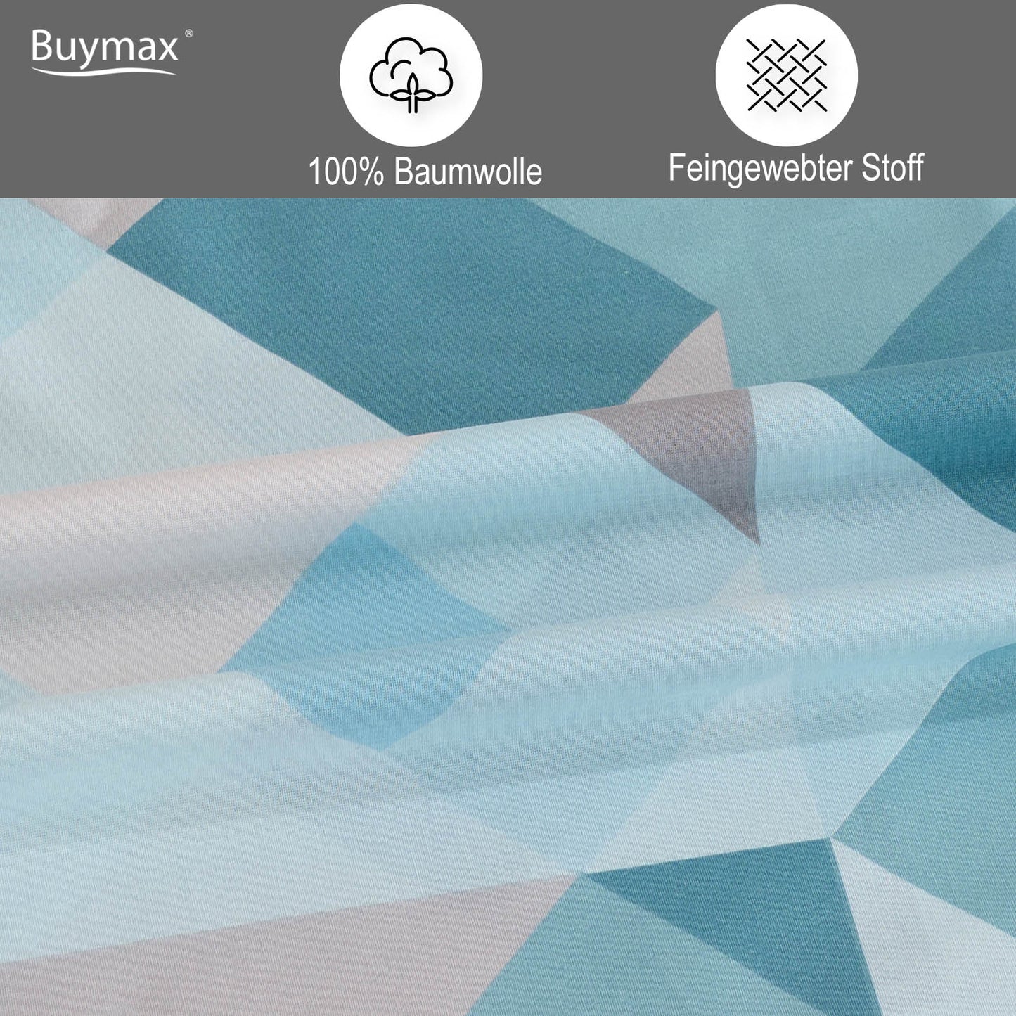 Detailansicht des feingewebten Stoffs einer Bettwäsche mit geometrischem Muster in Blau- und Pastelltönen, beschriftet mit Symbolen für „100% Baumwolle“ und „Feingewebter Stoff“.