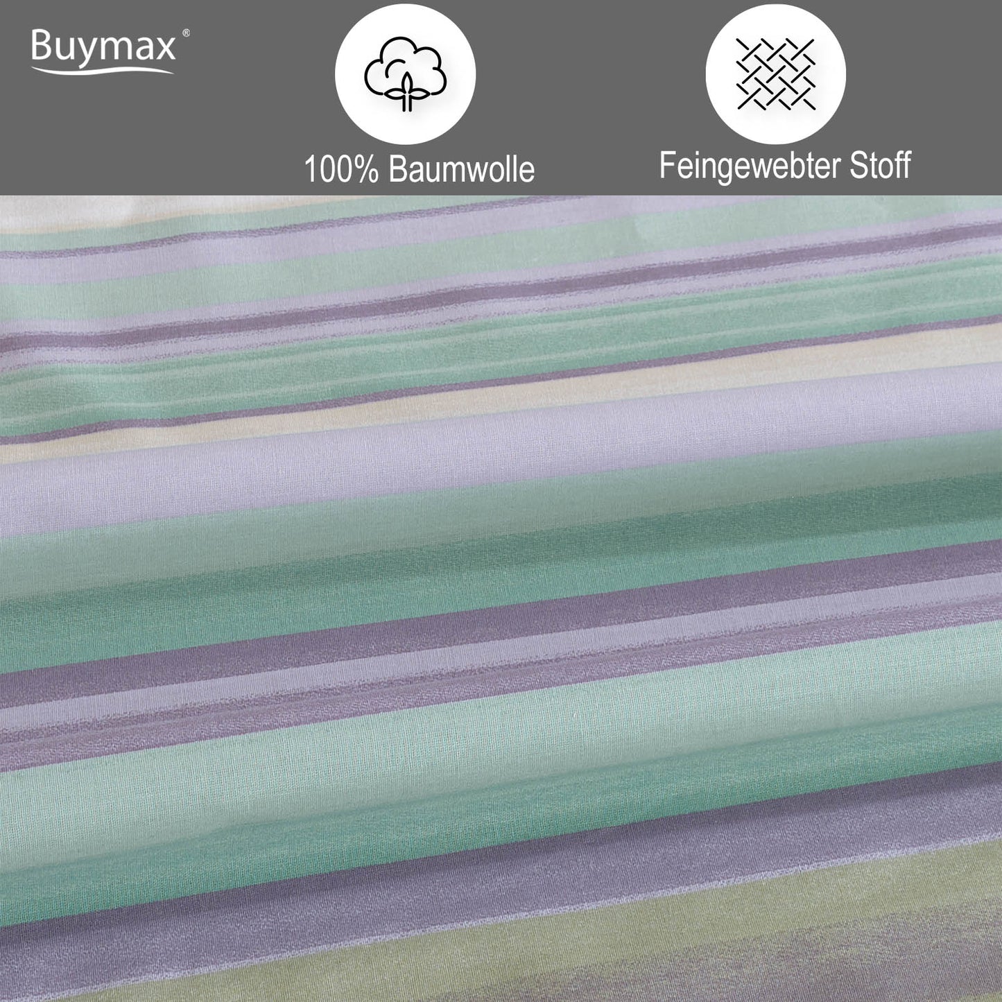 Nahaufnahme des Stoffes mit zarten, farblich abgestimmten Streifen in Mint, Flieder, Weiß und Beige. Icons oben im Bild: „100 % Baumwolle“ und „Feingewebter Stoff“.