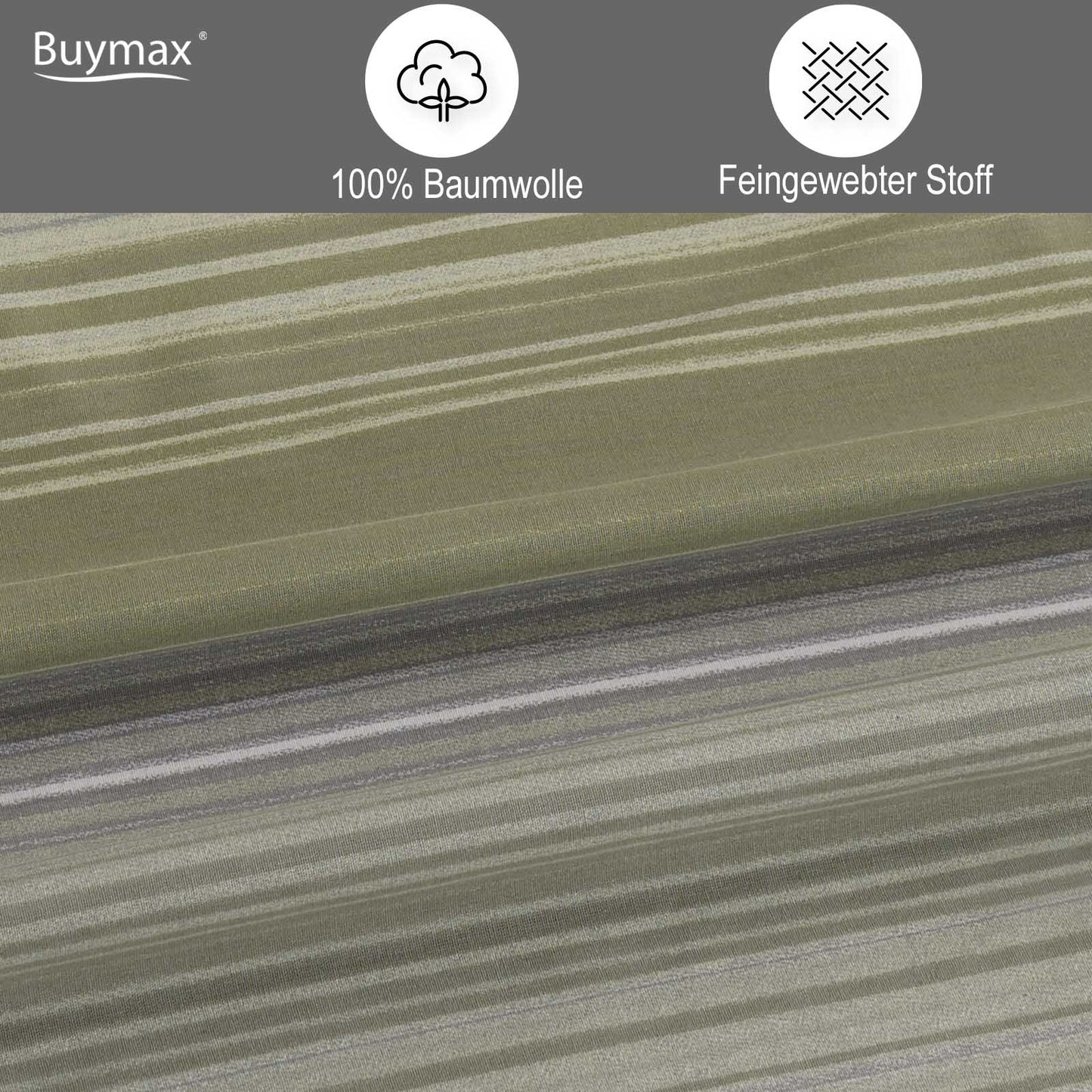Nahaufnahme des Stoffes der Bettwäsche mit horizontalen Streifen in Olivgrün, Grau und Weiß. Oben im Bild die Icons „100 % Baumwolle“ und „Feingewebter Stoff“.