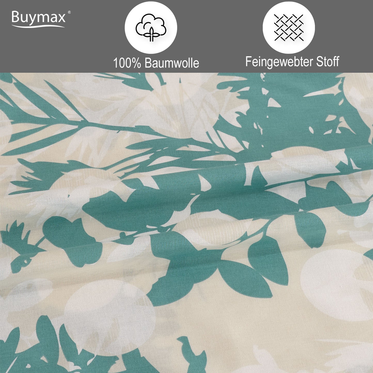Nahaufnahme des Bettwäschestoffs mit weiß-grünem Naturdesign, inklusive Icons für „100 % Baumwolle“ und „Feingewebter Stoff“ oben im Bild.