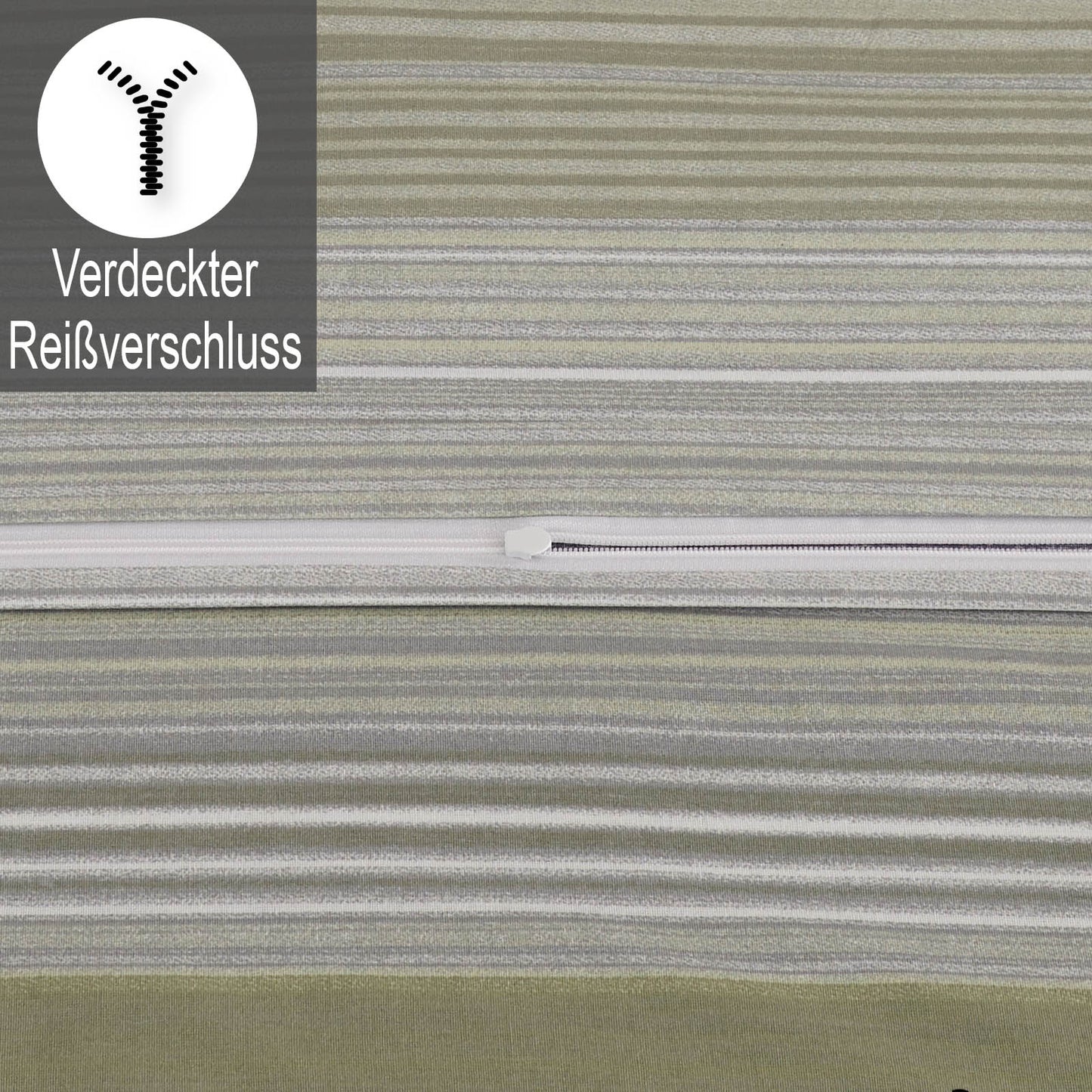 Detailansicht eines verdeckten Reißverschlusses auf der gestreiften Bettwäsche mit Grüntönen. Oben links Symbol und Text: „Verdeckter Reißverschluss“.