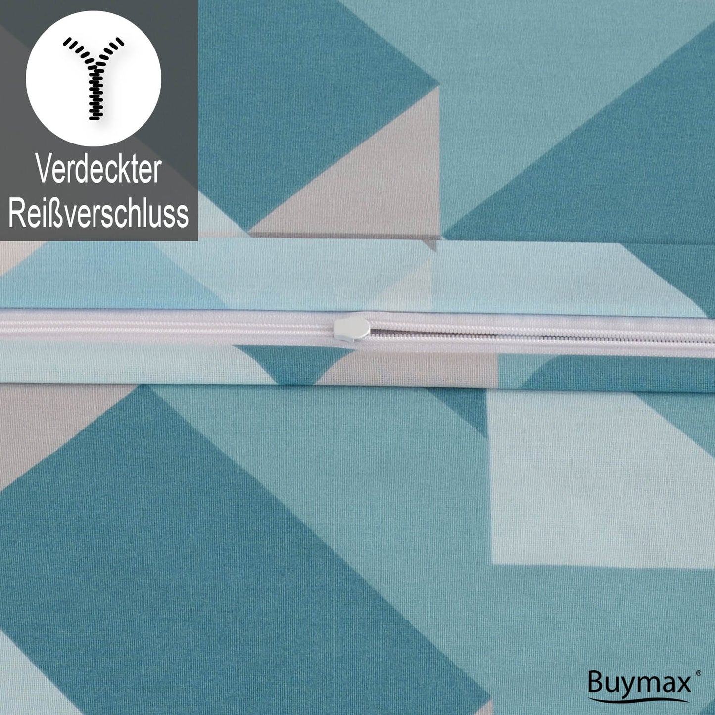 Nahaufnahme eines verdeckten Reißverschlusses auf einer Bettwäsche mit geometrischem Muster in Blau- und Grautönen, mit Symbol und Text „Verdeckter Reißverschluss“.