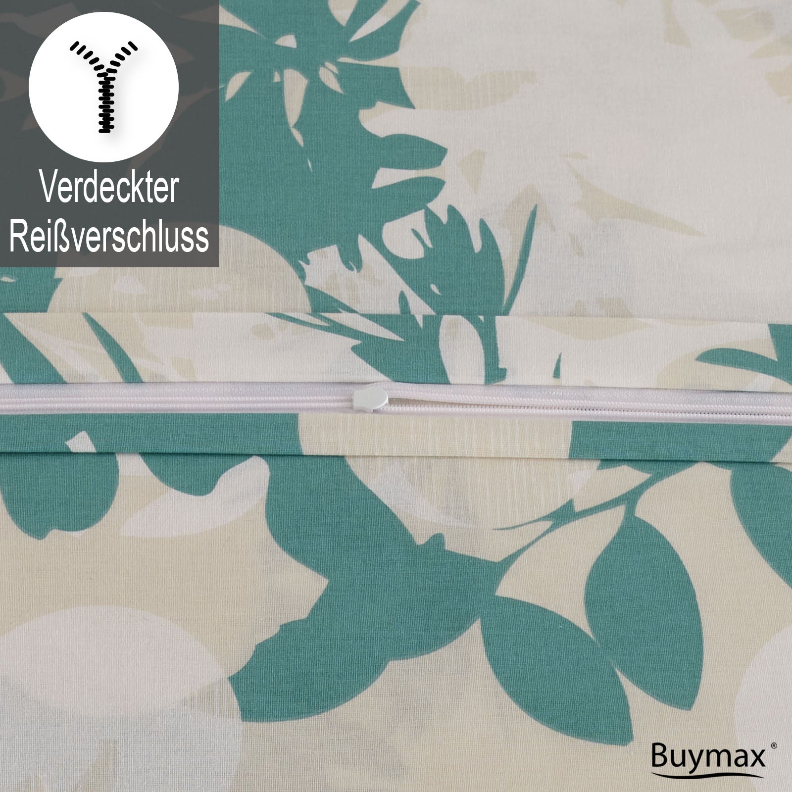 Detailansicht eines verdeckten Reißverschlusses an der Buymax-Bettwäsche mit grünem Blättermuster auf weißem Hintergrund. Links oben Icon und Text: „Verdeckter Reißverschluss“.