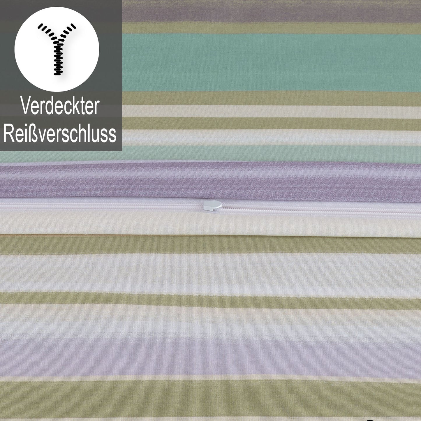 Detailansicht des verdeckten Reißverschlusses der Bettwäsche mit Streifen in Pastelltönen. Oben links Symbol und Text: „Verdeckter Reißverschluss“.