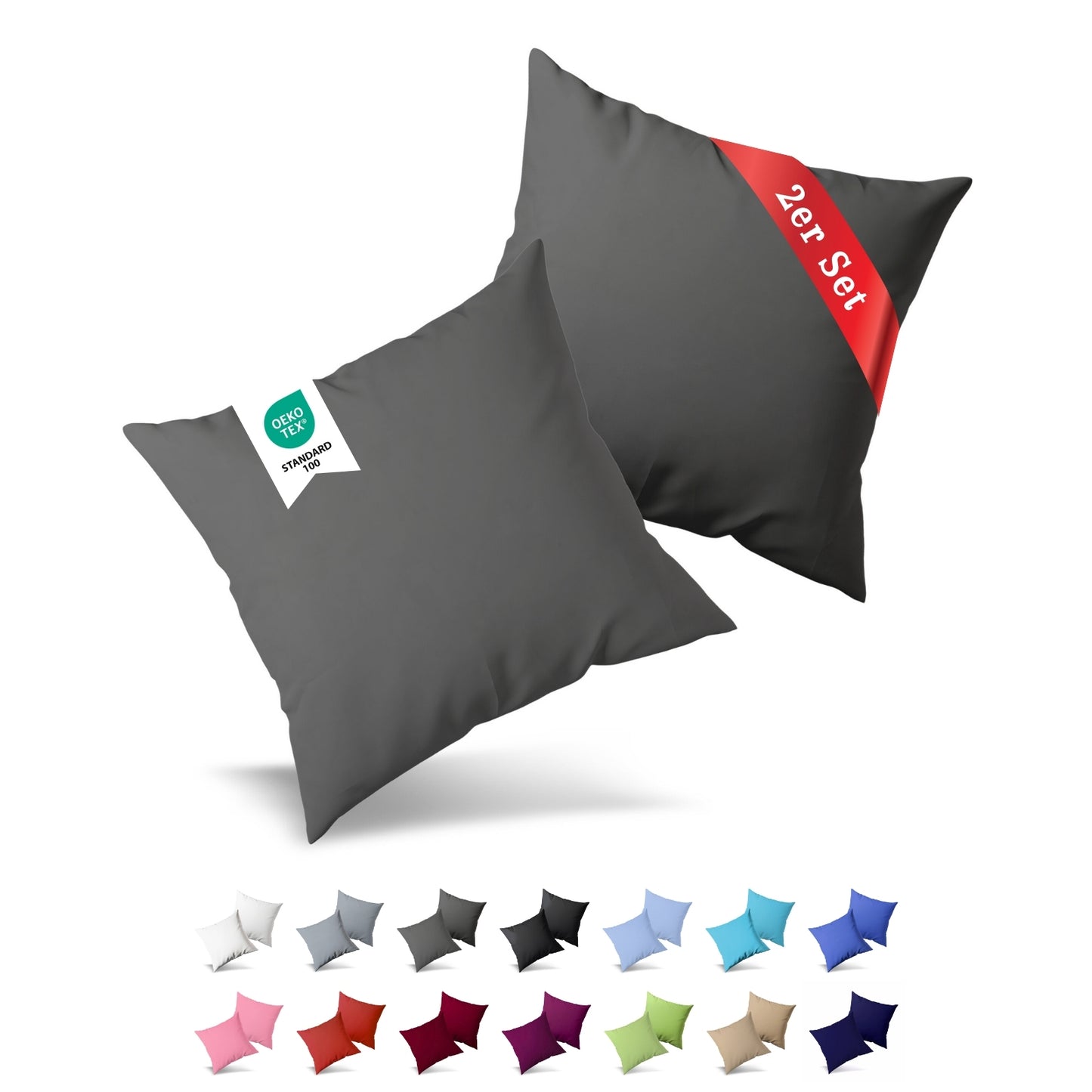 Jersey Kissenbezug, 2er-Set, 40x60 cm, Anthrazit