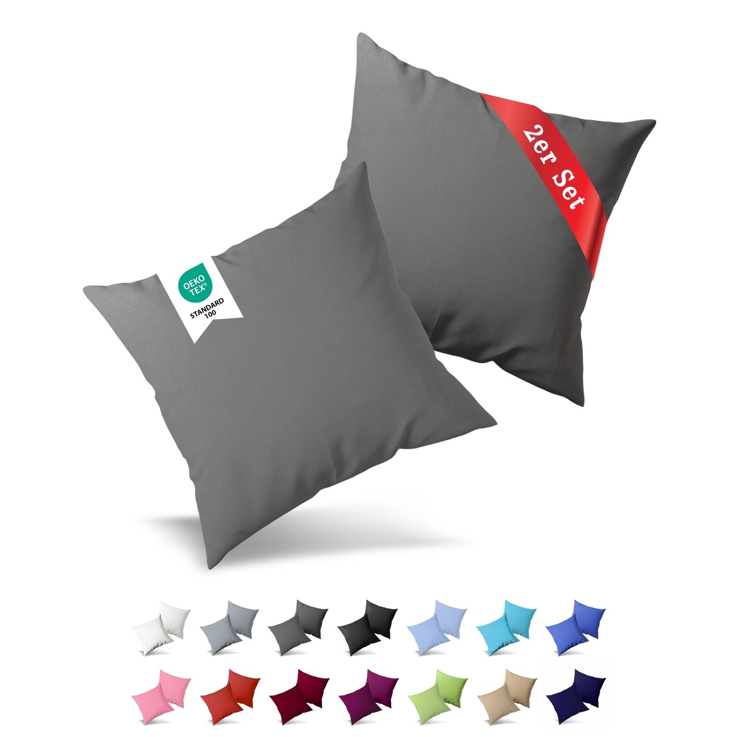 Jersey Kissenbezug, 2er-Set, 40x60 cm, Anthrazitgrau