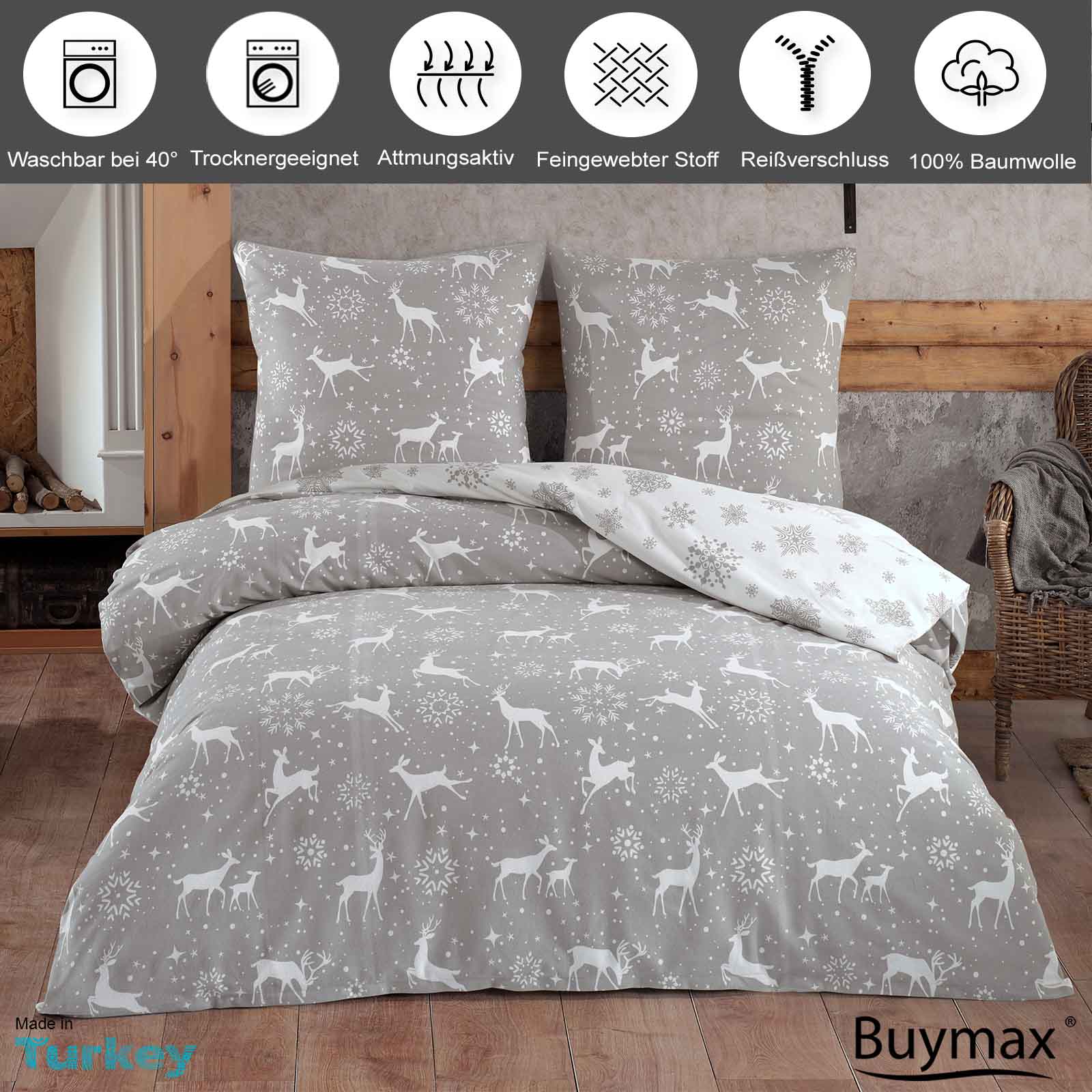 Biber Bettwäsche „Navidad“ – Rentier Design, 100% Baumwolle, Winterlich mit Reißverschluss