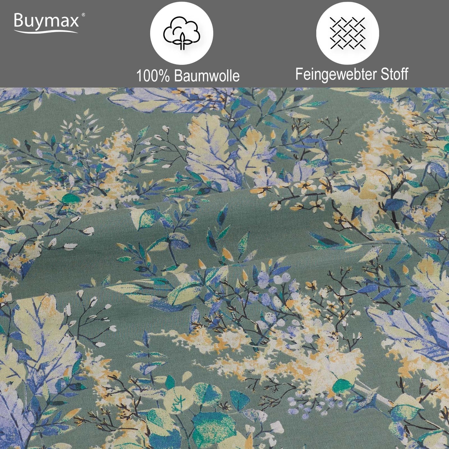 Nahaufnahme des Bettwäschestoffs mit floralen Details in Gelb, Blau und Weiß auf grünem Hintergrund. Beschriftet mit Symbolen für 100 % Baumwolle und feingewebter Stoff.