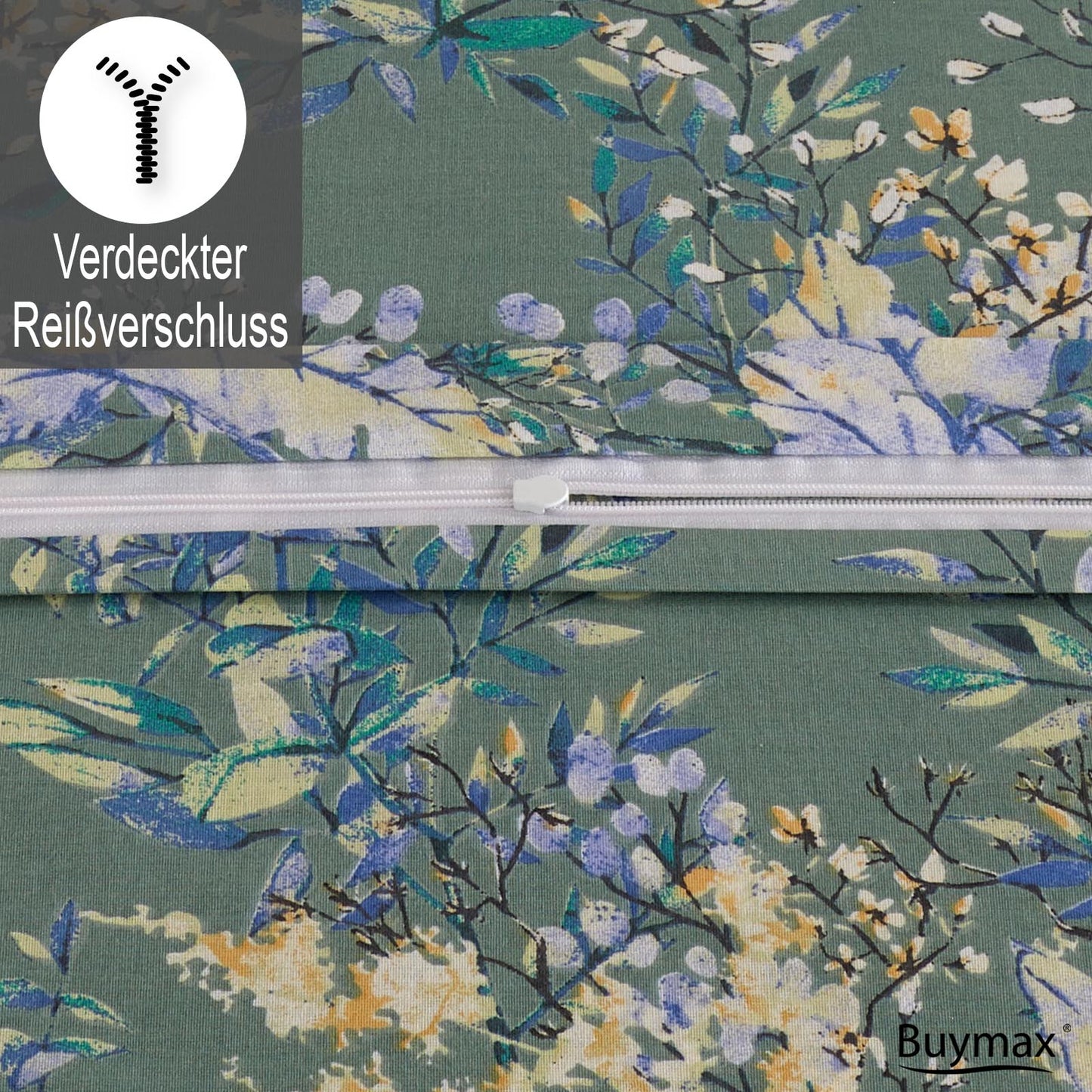 Detailansicht des verdeckten Reißverschlusses der Buymax-Bettwäsche mit grünem, floralem Design. Oben links Symbol und Text „Verdeckter Reißverschluss“.