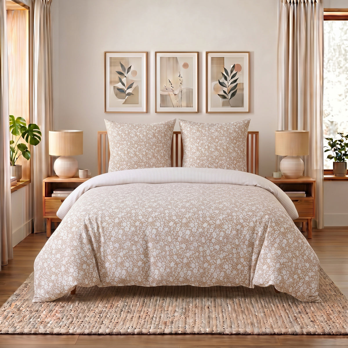 Polycotton Bettwäsche „Meadow Beige“ in Beige: Bettwäsche mit weißen Blüten auf Beige auf dem Bett, zwei Kissen – Beige – Bild 2