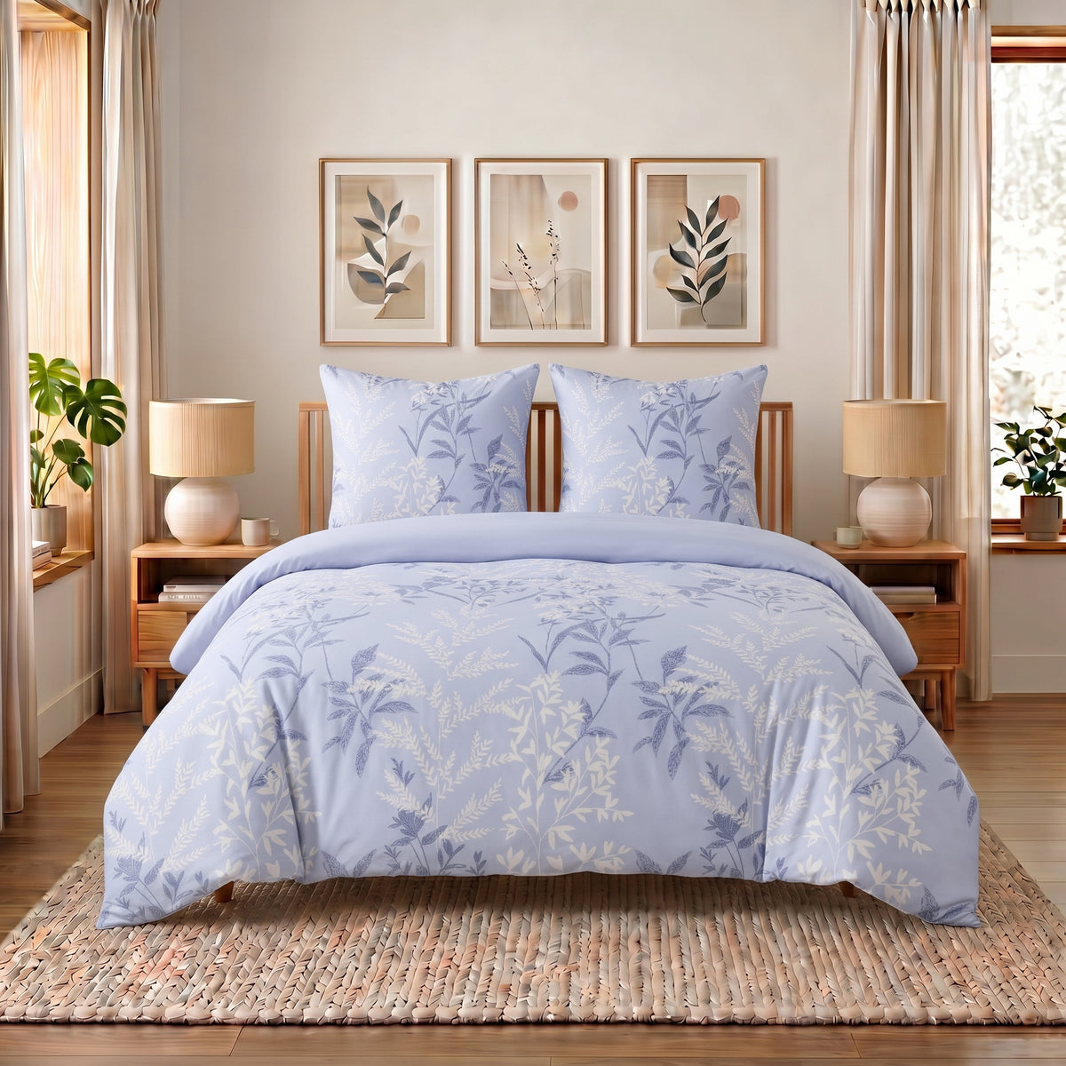Polycotton Bettwäsche „Nobel Blau“ in Blau-Weiß: Bettwäsche mit weißen Blättern auf Hellblau auf dem Bett, zwei Kissen – Blau-Weiß – Bild 1