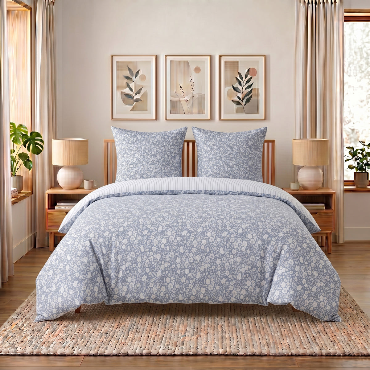 Polycotton Bettwäsche „Meadow Blau“ in Blau-Weiß: Bettwäsche mit weißen Blüten auf Blau auf dem Bett, zwei Kissen – Blau-Weiß – Bild 2