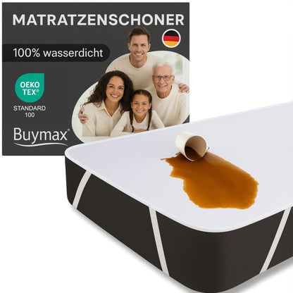 Kinder Matratzenschoner mit Eckgummi: Verpackung, 100 % wasserdicht, OEKO-TEX Standard 100, Kaffee perlt auf der Oberfläche ab – Bild 1