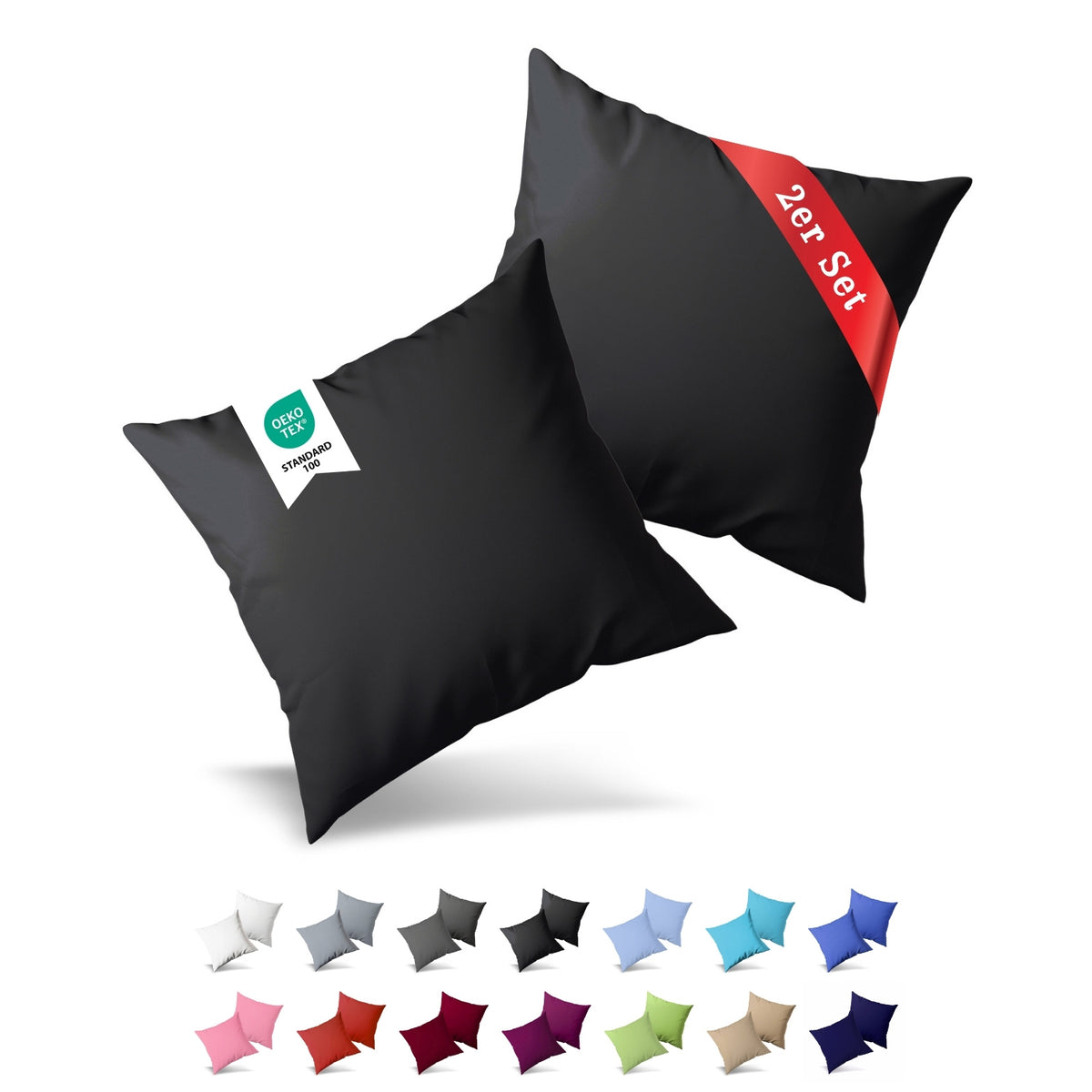 Jersey Kissenbezug, 2er-Set, 50x50 cm – Schwarz – Bild 1