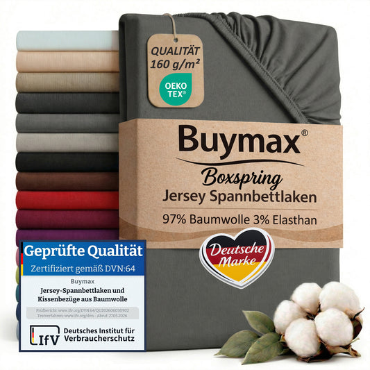 Jersey Wasserbett Spannbettlaken 140x200–160x220 cm in Anthrazit: Verpackung, IfV-Siegel, 97 % Baumwolle, 3 % Elasthan, 160 g/m² – Anthrazit – Bild 1