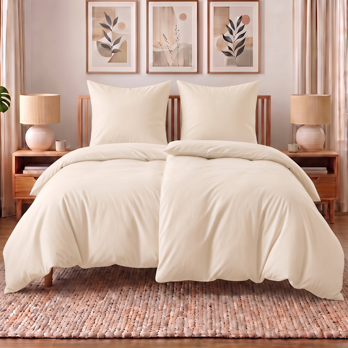4 teilig Bettwäsche 135x200 Renforcé Uni Creme – Bild 1