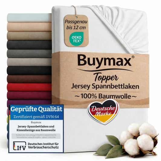 Topper Spannbettlaken 200x200 Jersey in Weiß: Verpackung mit IfV-Prüfsiegel und OEKO-TEX, passgenau bis 12 cm – Weiß – Bild 1