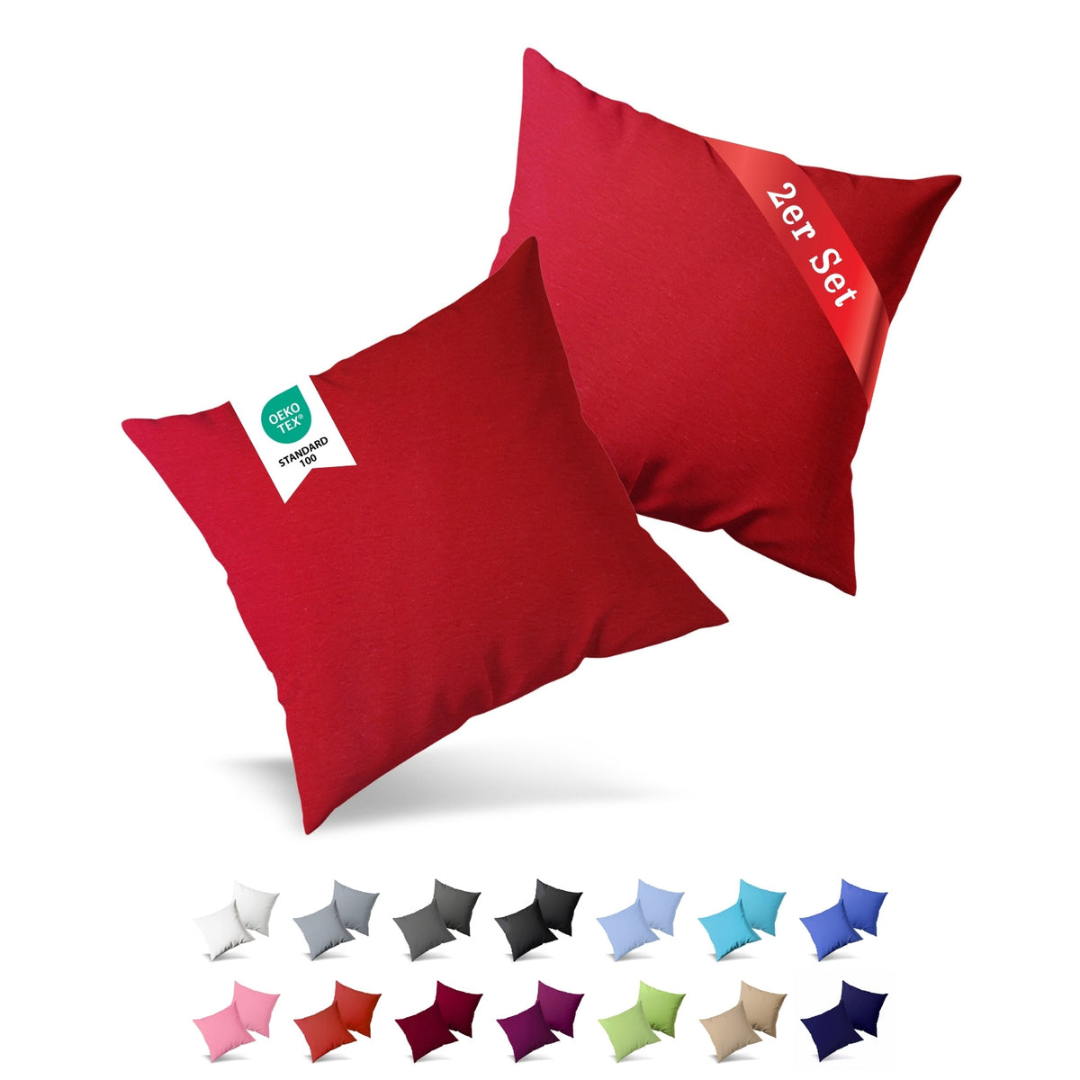 Jersey Kissenbezug, 2er-Set, 40x60 cm – Rot – Bild 1