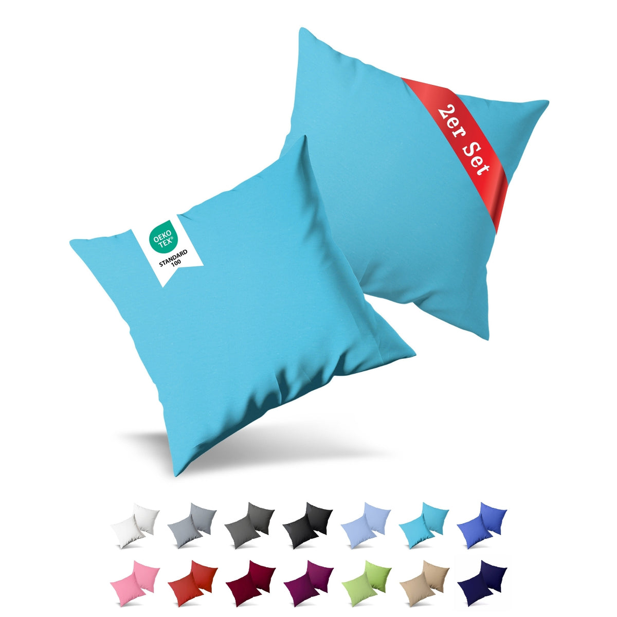 Jersey Kissenbezug, 2er-Set, 40x60 cm – Türkis – Bild 1