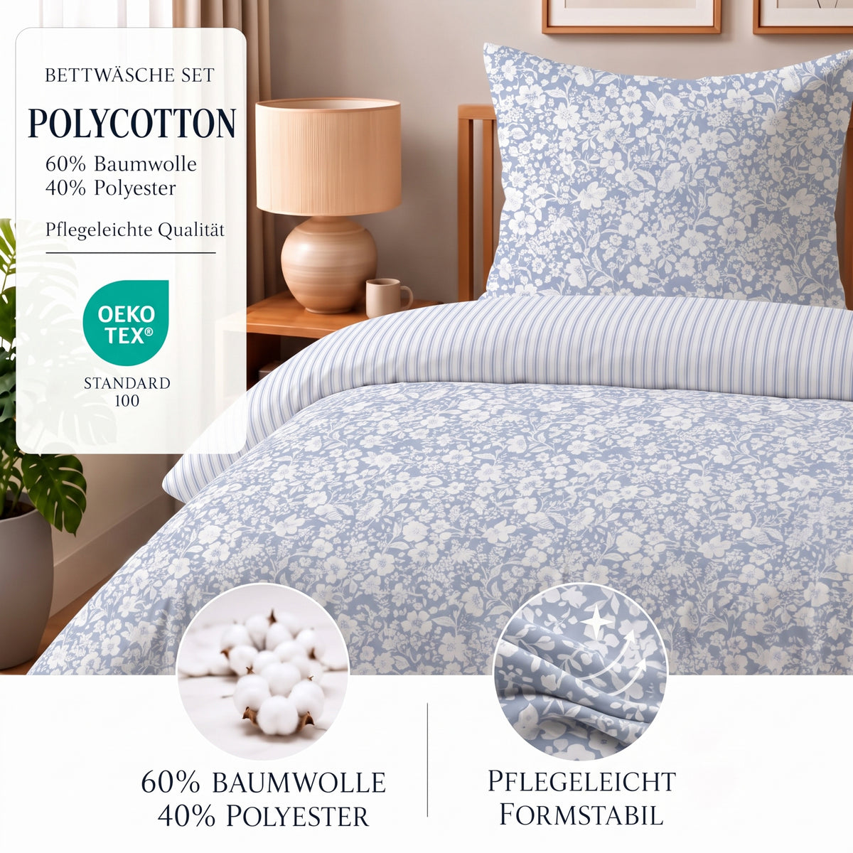 Bettwäsche Meadow Blau, Reißverschluss, 80x80 cm Kissenbezug, Polycotton – Bild 3