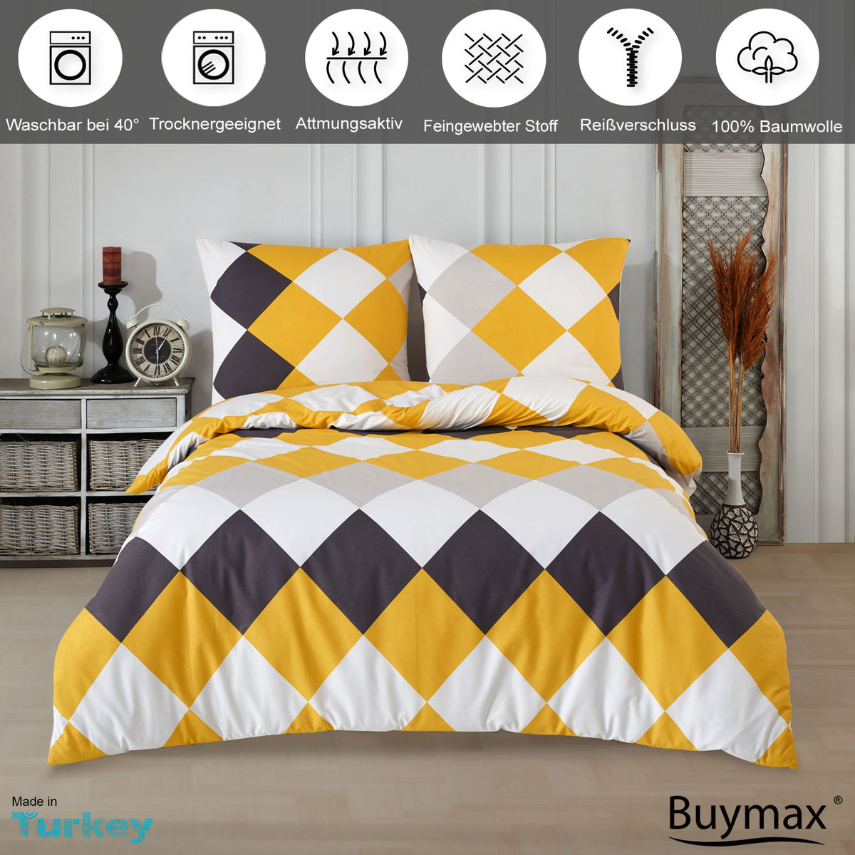 Buymax Anaga Yellow Bettwäsche – Weiche Renforcé Baumwolle, 80x80 cm