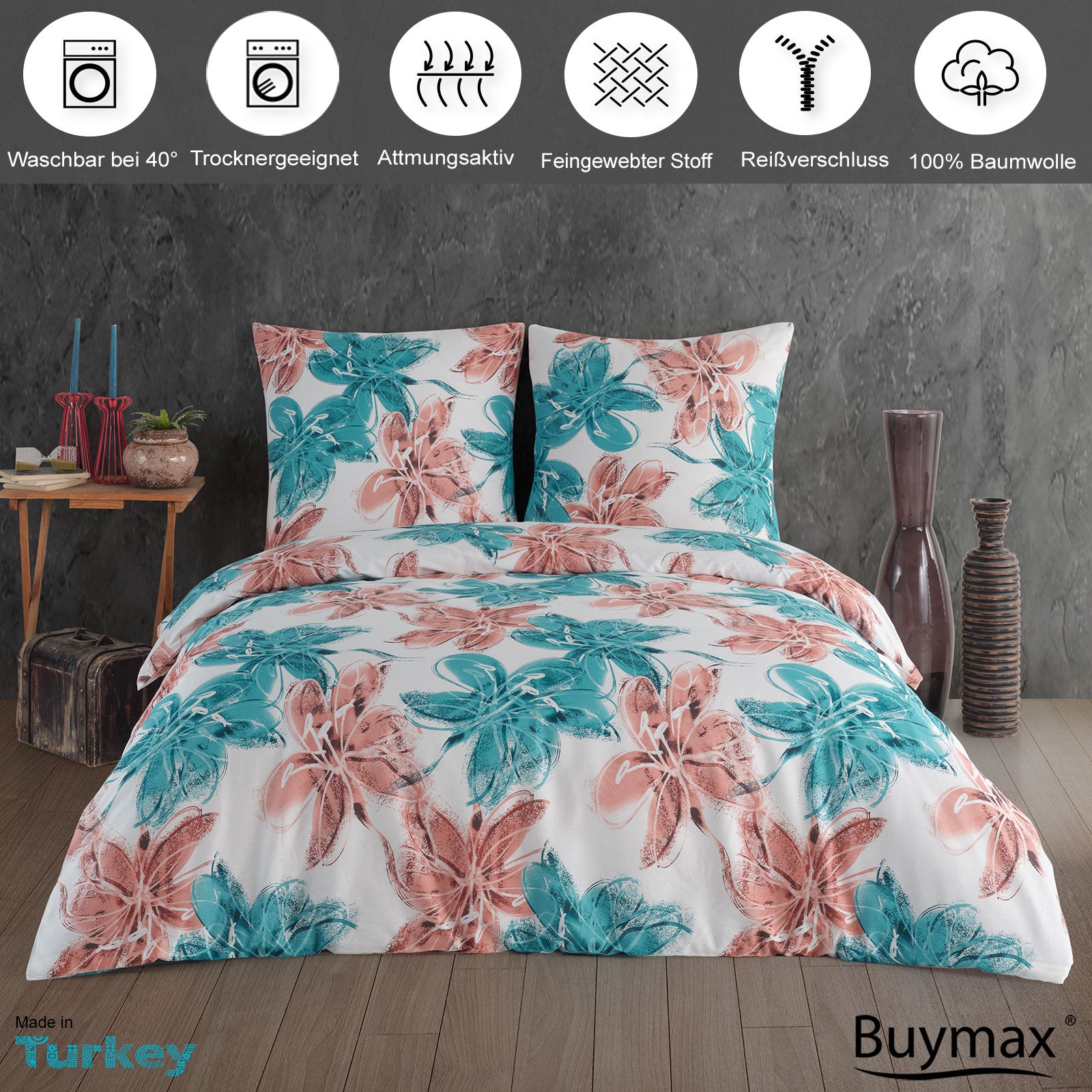 Renforcé bed linen set "Trendy", flowers, 100% cotton, zipper, 80x80 cm pillowcase 