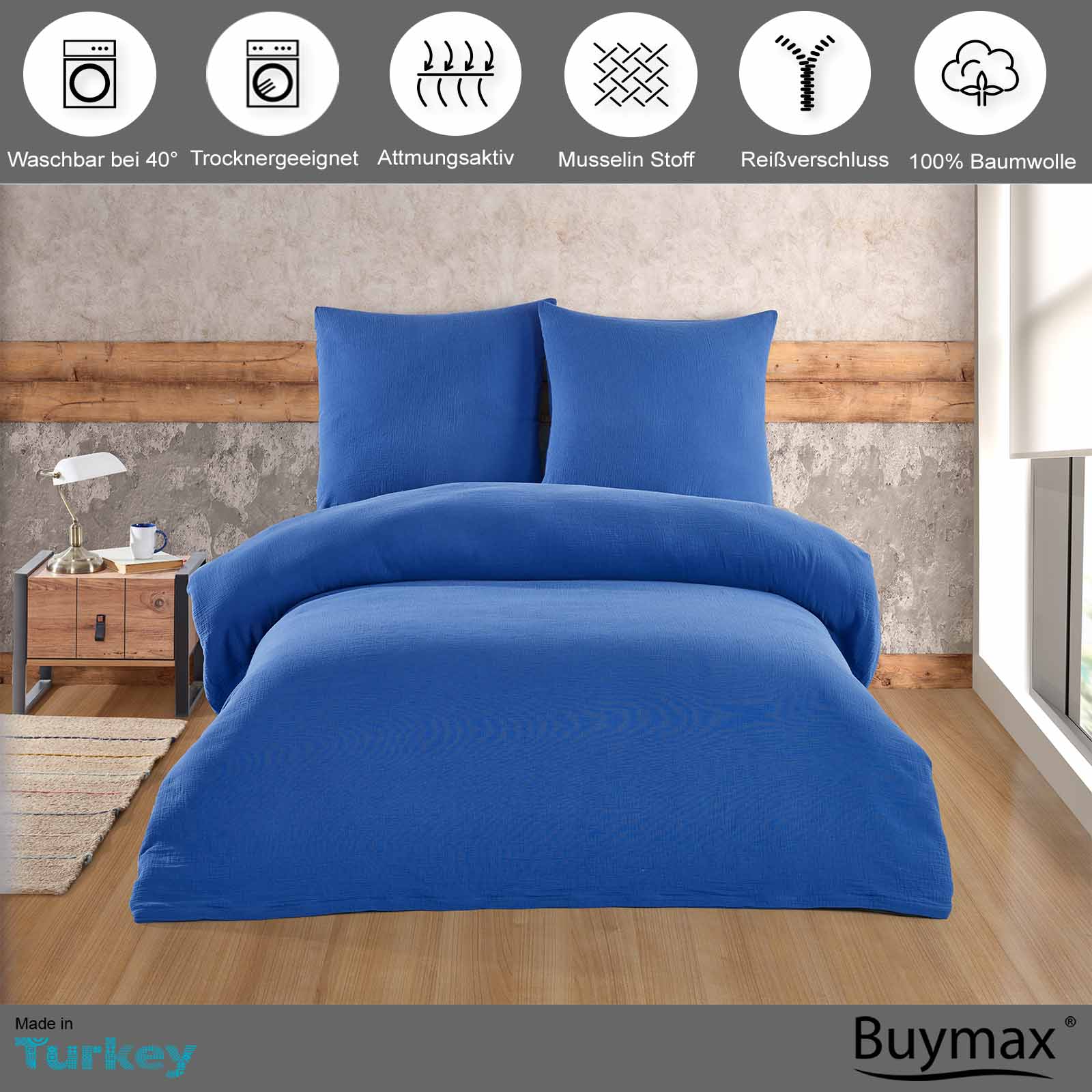 Buymax® Musselin Bettwäsche Set aus Baumwolle, Blau, 135x200 cm