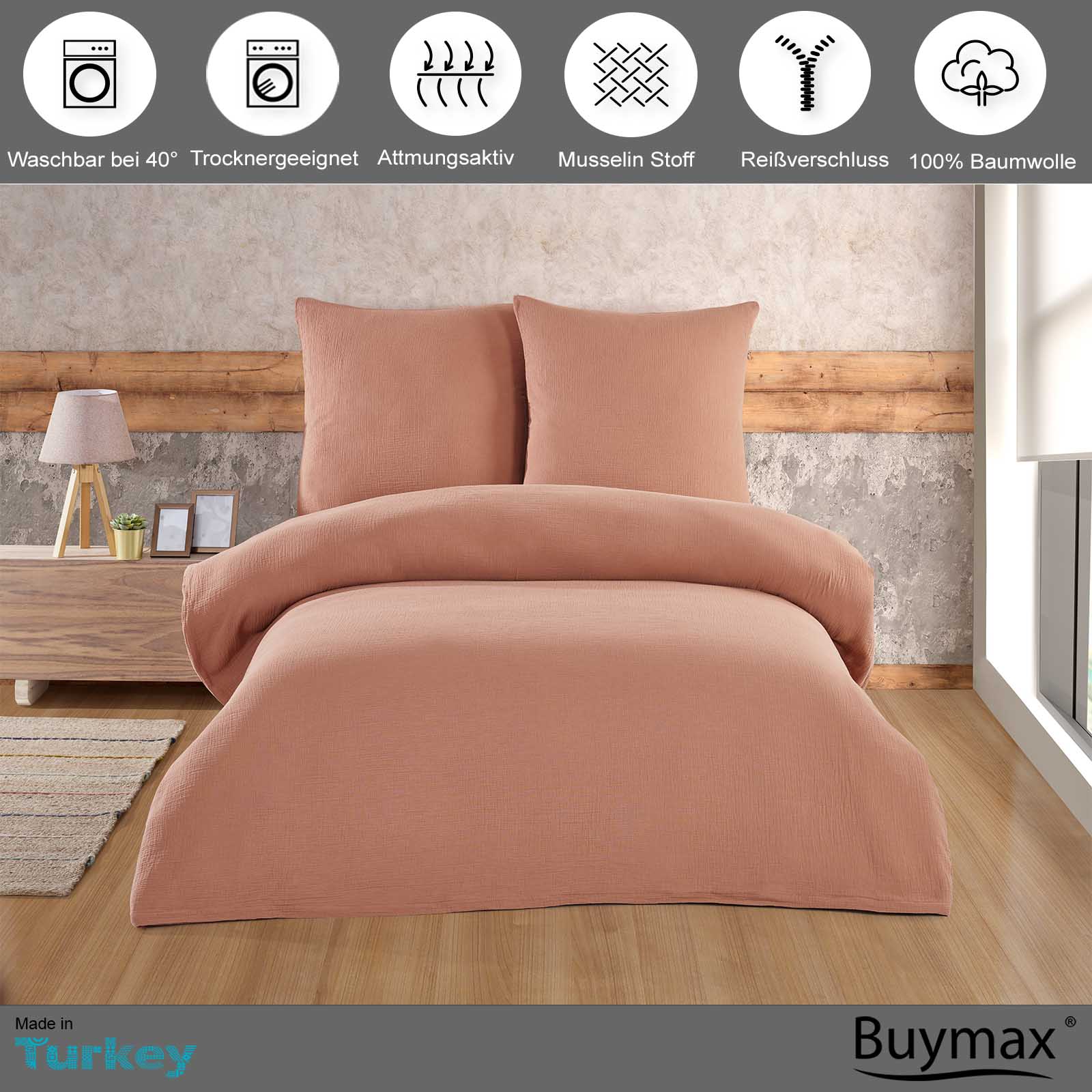 Buymax® Musselin Bettwäsche Set aus Baumwolle, Beige, 200x220 cm