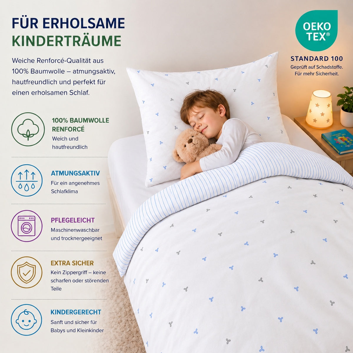 Kinderbettwäsche „Laven“ Renforcé in Blau: Kind schläft mit Teddy: 100 % Baumwolle Renforcé, atmungsaktiv, pflegeleicht, OEKO-TEX Standard 100 – Blau – Bild 2