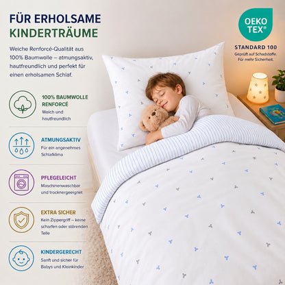 Kinderbettwäsche „Laven“ Renforcé in Blau: Kind schläft mit Teddy: 100 % Baumwolle Renforcé, atmungsaktiv, pflegeleicht, OEKO-TEX Standard 100 – Blau – Bild 2