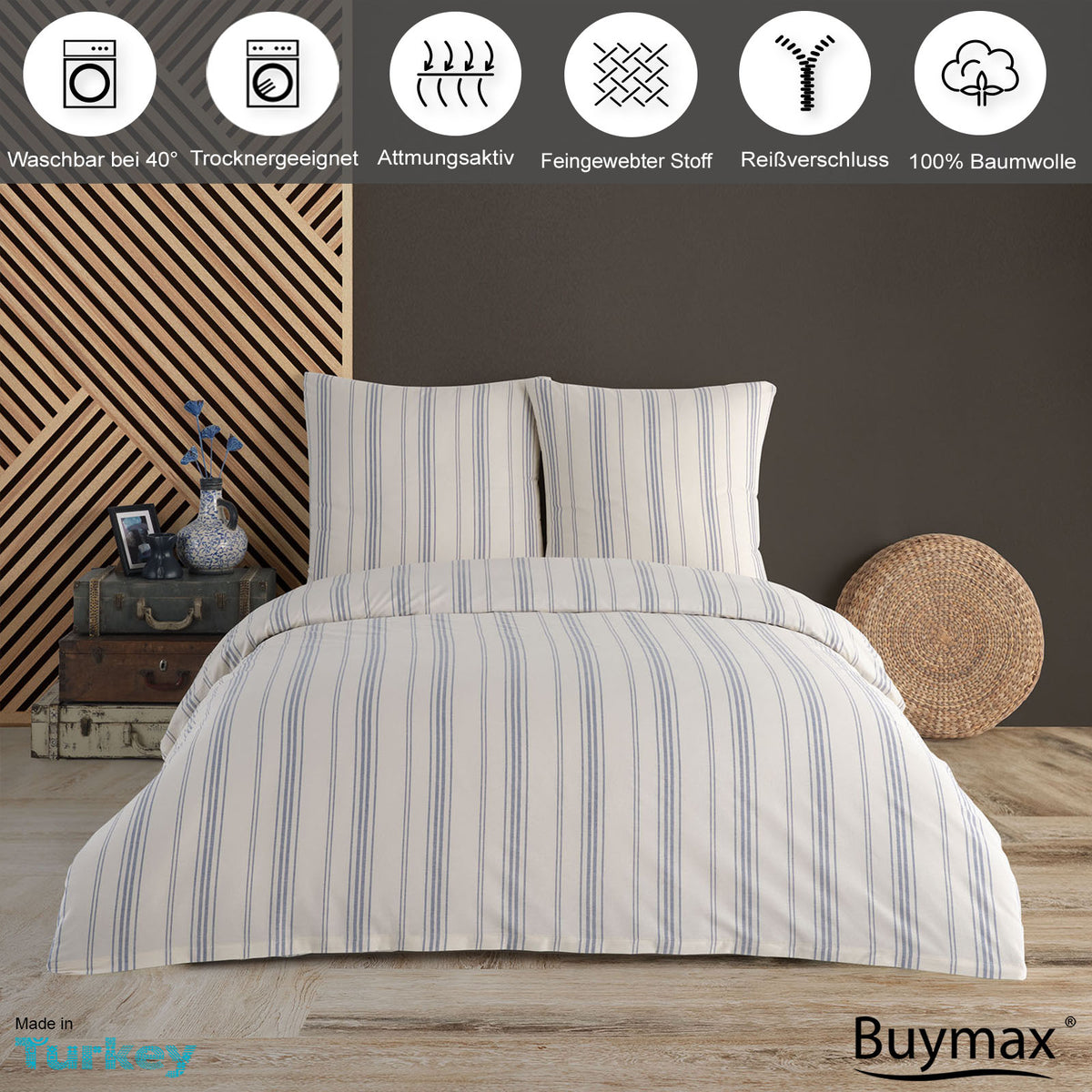 Natur-Bettwäsche 100% Baumwolle – Slub Yarn Dyed mit Reißverschluss – Buymax