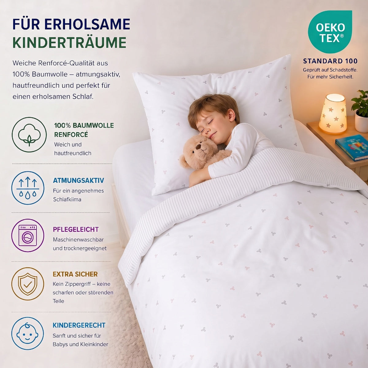 Kinderbettwäsche „Laven“ Renforcé in Rose: Kind schläft mit Teddy: 100 % Baumwolle Renforcé, atmungsaktiv, pflegeleicht, OEKO-TEX Standard 100 – Rose – Bild 2