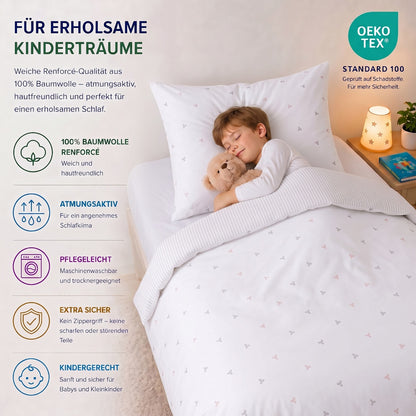 Kinderbettwäsche „Laven“ Renforcé in Rose: Kind schläft mit Teddy: 100 % Baumwolle Renforcé, atmungsaktiv, pflegeleicht, OEKO-TEX Standard 100 – Rose – Bild 2