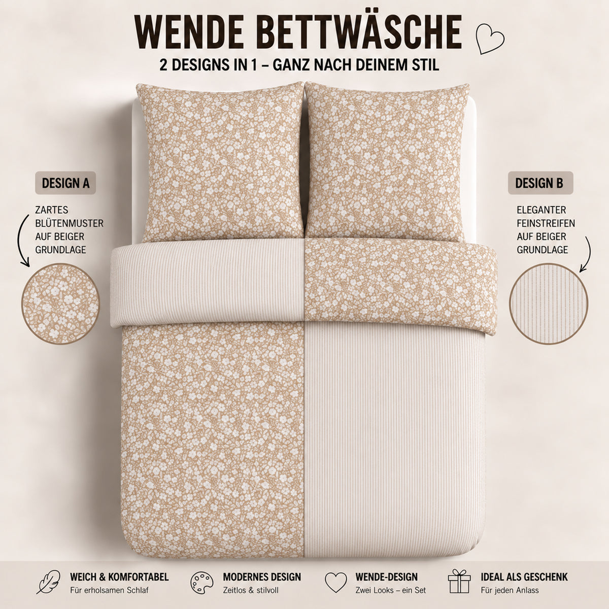 Bettwäsche Meadow Beige, Reißverschluss, 80x80 cm Kissenbezug, Polycotton – Bild 4