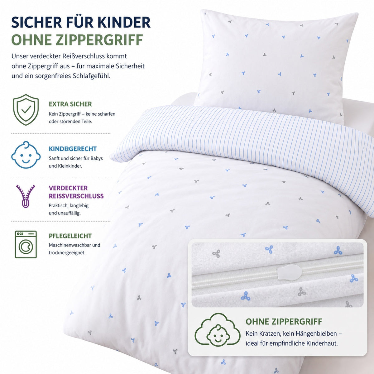 Kinderbettwäsche „Laven“ Renforcé in Blau: verdeckter Reißverschluss ohne Zippergriff, sicher für Kinder – Blau – Bild 3