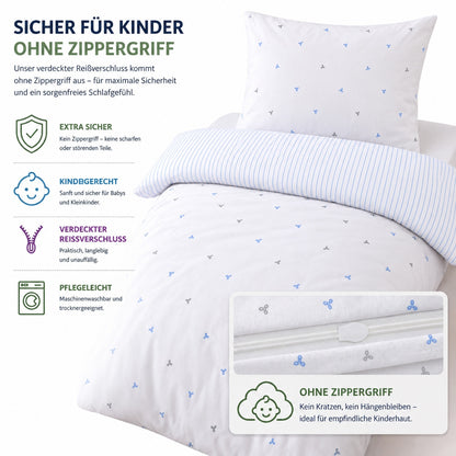 Kinderbettwäsche „Laven“ Renforcé in Blau: verdeckter Reißverschluss ohne Zippergriff, sicher für Kinder – Blau – Bild 3