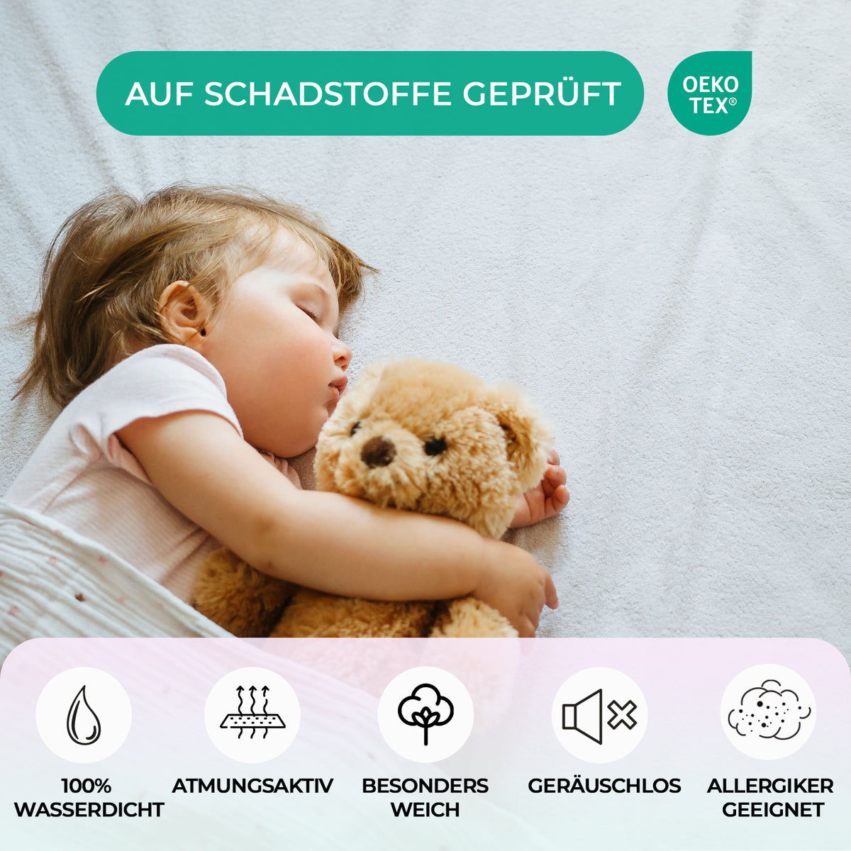 Kinder Matratzenschoner mit Eckgummi: Kleinkind schläft mit Teddy: wasserdicht, atmungsaktiv, weich, geräuschlos – Bild 3