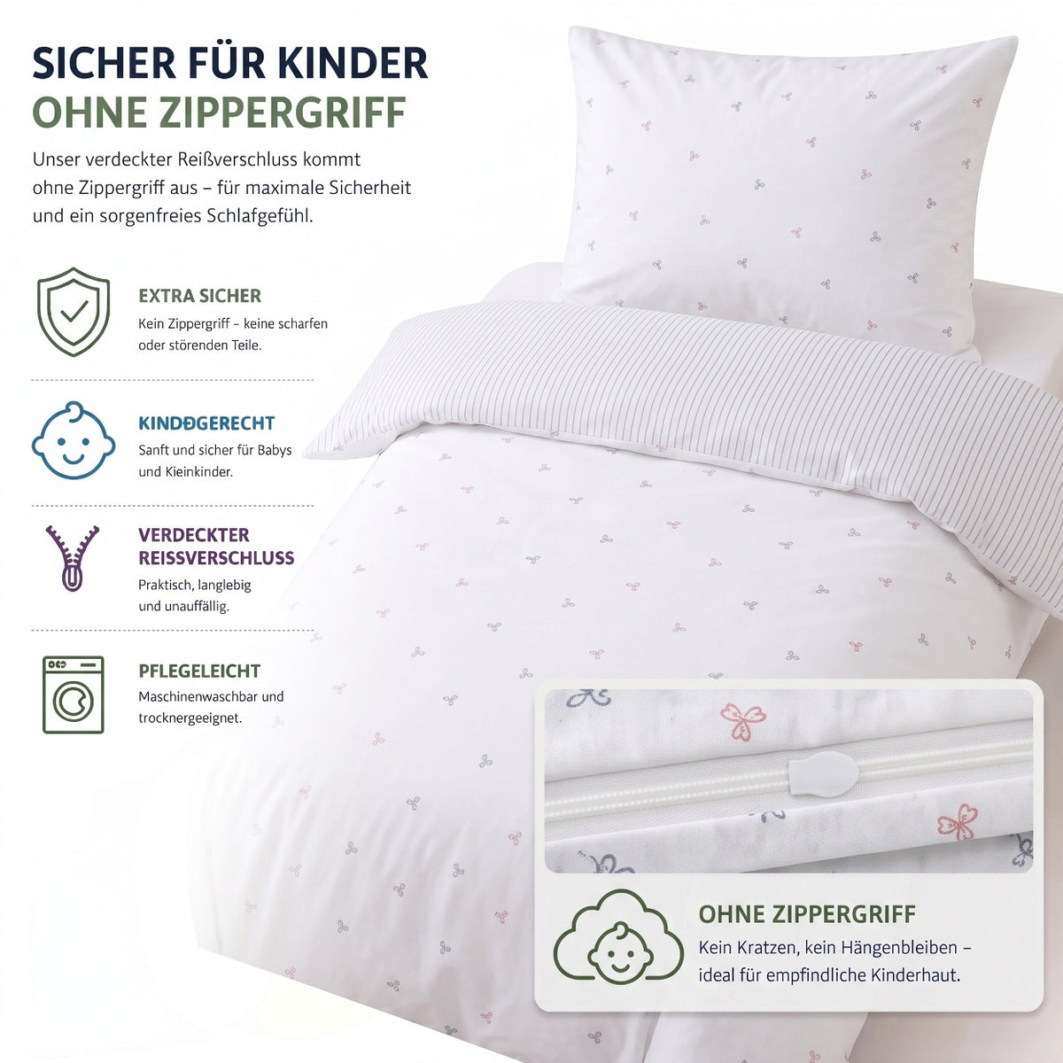 Kinderbettwäsche „Laven“ Renforcé in Rose: verdeckter Reißverschluss ohne Zippergriff, sicher für Kinder – Rose – Bild 3