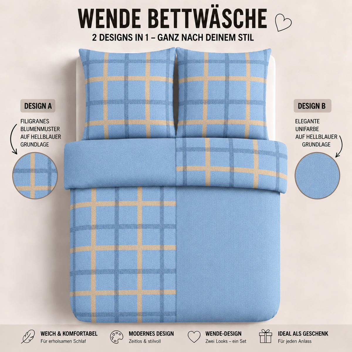 Bettwäsche Peak Dunkelblau, Reißverschluss, 80x80 cm Kissenbezug, Polycotton – Bild 3