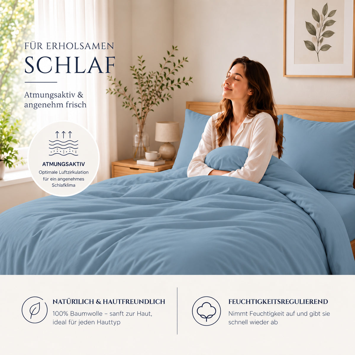 4 teilig Bettwäsche 135x200 Renforcé Uni Hellblau – Bild 3