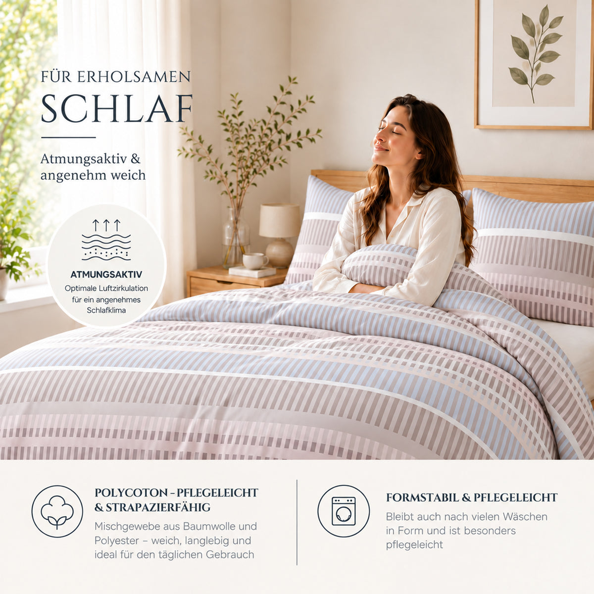 Bettwäsche Emma Beige, Reißverschluss, 80x80 cm Kissenbezug, Polycotton – Bild 3
