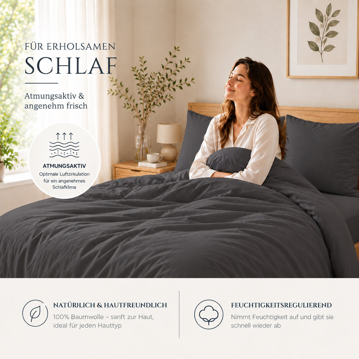 4 teilig Bettwäsche 135x200 Renforcé Uni Anthrazit – Bild 3